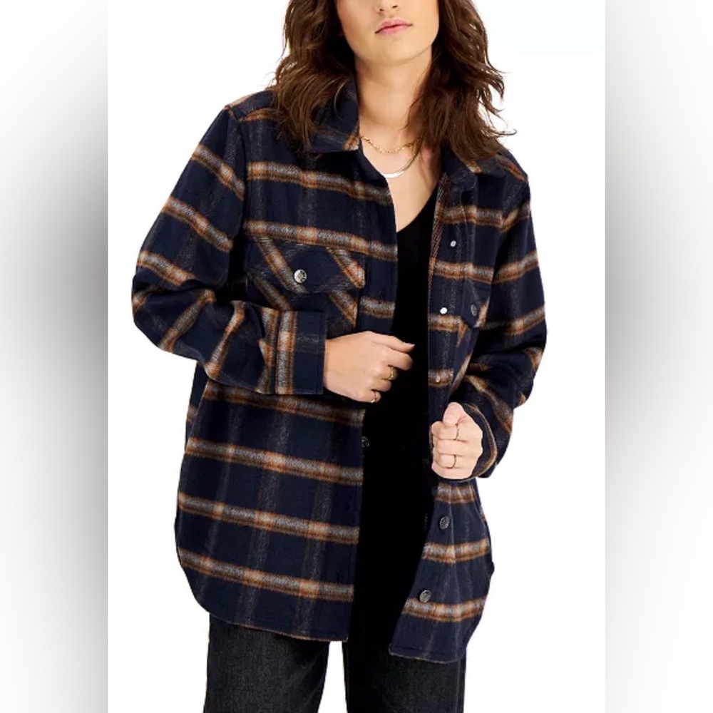 Oat New York Size XL Navy and Brown Plaid Shirt Jacket